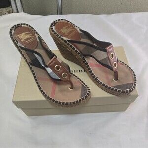 Burberry Espadrille Wedge Sandals Nova Check Leather Thong Natural Tan Brown 39
